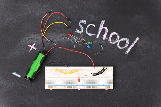 Electrical circuit assembled on breadboard. Breadboard electrical for learn for beginners and electric parts.