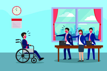 Disability businessman sitting on wheelchair and getting bullying from his partner in the office. Disability discrimination vector concept.