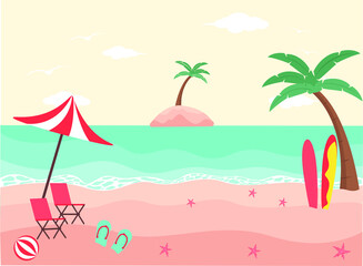 Fototapeta na wymiar Tropical beach with bench, umbrella, sandals, and surf board. Summer vector concept