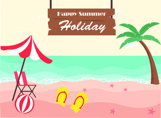 Tropical beach with Happy Summer Holiday text on the signboard. Summer vector concept