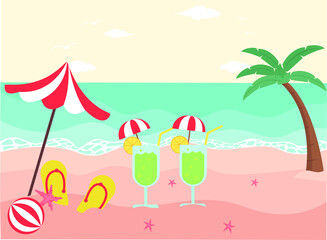 Obraz premium Cocktail with sandals and umbrella on the tropical beach. Summer vector concept
