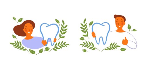 Happy person hug a healthy tooth. Smiling woman and man holding a big tooth. Logo for dentistry. Flat style