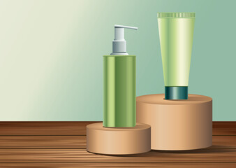 two green skin care bottle and tube products in golden stages