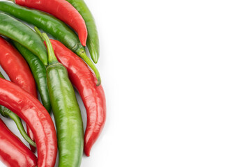 Fresh Green and red chili pepper with sliced isolated on white background, concept of vegetable ingredients in food.top view