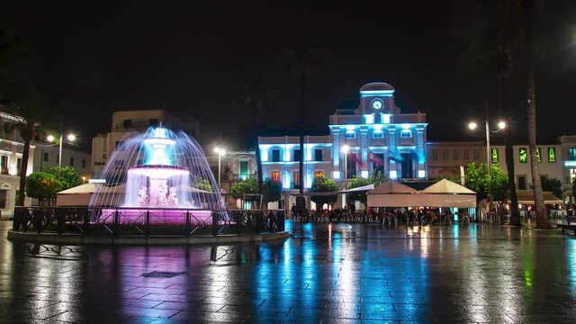 Plaza de Espa&ntilde;a in M&eacute;rida,Badajoz, Extremadura, Spain, timelapse reel at night during local festival.