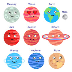 Cartoon cute planets. Astronomy of the solar system planetary, signed with the names of the planets. Collection of happy colorful faces with eyes. Set isolated on white background - Vector