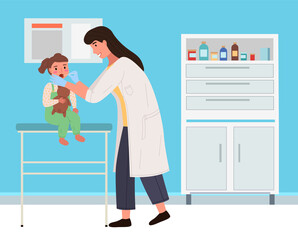 Baby sits with a teddy bear. Therapist with a scapula to examine the throat is working with a child. Little female character at appointment with doctor. The pediatrician diagnoses the patient