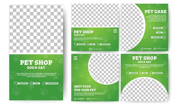 Set of Editable square banners. Pet shop and pet care banner with green color background and paw stamp pattern. Usable for social media feed, story, and banner. Flat design vector with photo collage