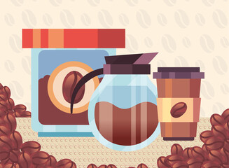 coffee pot jar and mug with beans vector design