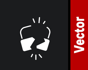 White Broken or cracked lock icon isolated on black background. Unlock sign. Vector Illustration.