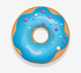 Vector illustration of a blue sweet donut with pink sprinkles. Sweet desserts
