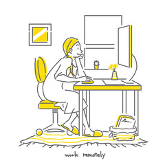 自宅で快適にテレワークする女性のおしゃれでシンプルな線画イラスト　グレー＆イエロー