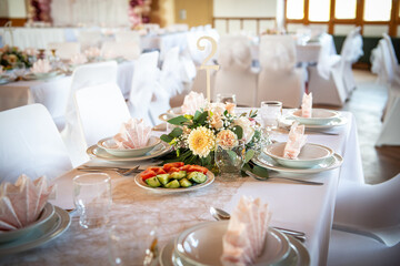Reception table beautifully decorated ready for wedding - Bride and Groom. Luxury concept.