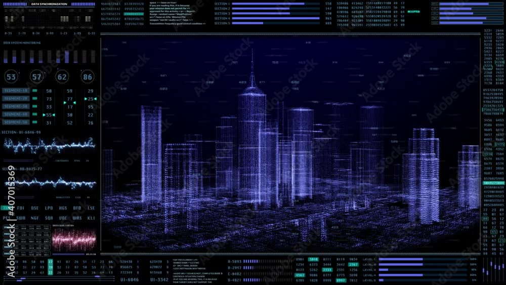 Poster Futuristic Smart Digital City 3D Hologram Architecture Skyscraper. HUD Monitor Screen GUI Viewfinder 4K Animation Background.