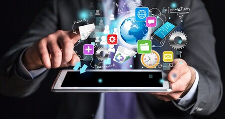 Businessman and tablet pc with media business illustration