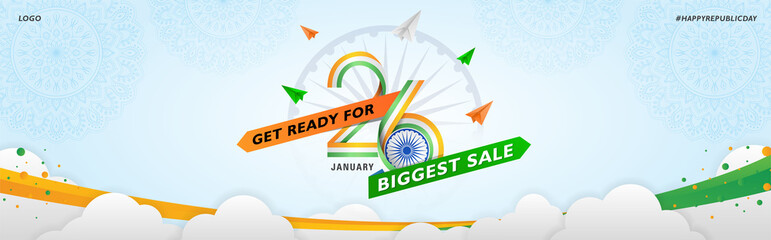 Indian Republic Day Sale Website Banner with Indian Flag Tri colors Ribbon 26 text and Ashoka wheel on sky Background