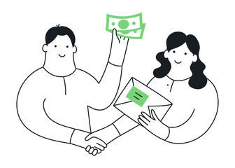 The mutually beneficial deal, purchase, payment, and receipt of the order. The cute cartoon man paying for a purchase and receiving a package from the cute elegant lady. Thin line modern vector