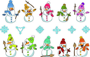 group of cute snowmen with accessories and snowflakes