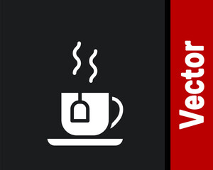 White Cup of tea with tea bag icon isolated on black background. Vector.