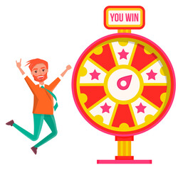 Game fortune wheel concept. Man playing risk game with fortune wheel and lottery. Casino and gambling vector. Illustration of casino fortune, wheel winner game. Man won, joyfully raised his hands up