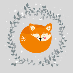 Cute fox on the background of plants. The forest animal is sleeping. Fox in flat style