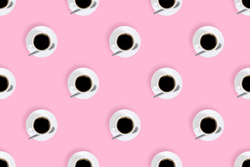 Cup of coffee seamless pattern. White cups with coffee on a bright colored background.