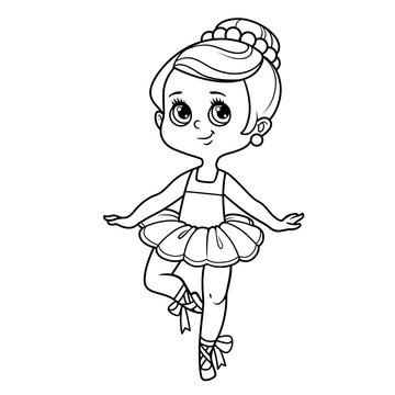 Cartoon ballerina girl  in lush tutu dancing on one leg outlined for coloring isolated on a white background