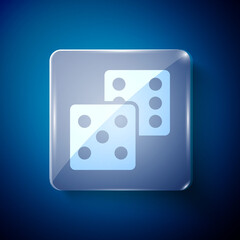White Game dice icon isolated on blue background. Casino gambling. Square glass panels. Vector.