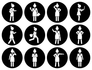 Set of business woman white silhouettes icons in round frames of different girl. Women in action. Lady dressed formally full length. Businesswoman activities at work. Positions and actions of a person