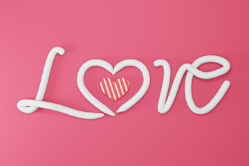 Text LOVE  Realistic 3D Colorful Romantic Valentine Hearts in Red or Pink Background. 3D render