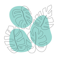 Monstera leaves isolated on white background. Continuous one line drawing. Vector illustration in line art style.
