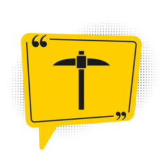 Black Pickaxe icon isolated on white background. Blockchain technology, cryptocurrency mining, bitcoin, digital money market, cryptocoin wallet. Yellow speech bubble symbol. Vector.