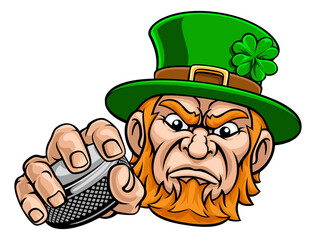 A leprechaun ice hockey sports mascot cartoon character holding a puck