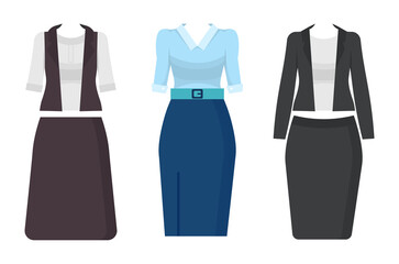 Set of three office suits for woman. Collection of stylish office clothing. Brown skirt and jacket. Blue elegant blouse with skirt and belt. Grey costume, jacket with long skirt and white blouse