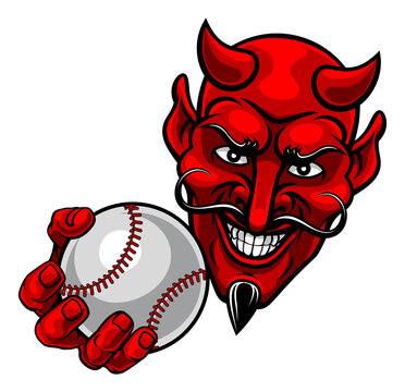 A devil or satan baseball sports mascot cartoon character holding a ball