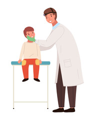 The otolaryngologist looks at the child. Doctor and kid characters on medical examination. ENT holds the boy by the head to check his throat. Doctor and little patient isolated on white background