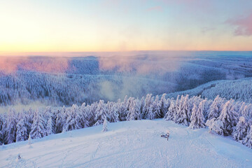 romantischer Sonnenuntergang über dem Winterwald