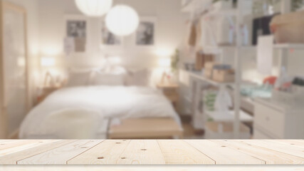 bedroom interior background and wooden table top in front for montage or display your products