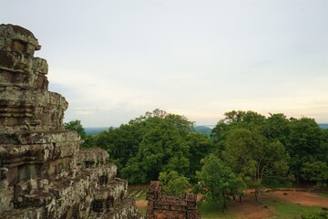 Fototapeta premium Phnom Bakheng Temple and aerial view from the temple in Siem Reap, Cambodia, Ancient Khmer architecture.