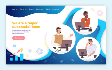 Idea concept for business teamwork, creative innovation, successful team. Website template. Woman and men online support or call center hotline specialist in headphones near the computer at work