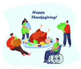 Family Turkey Dinner on Thanksgiving Day.Happy Relatives Eating Festive Thanksgiving Dinner.Fall Holiday Celebration. Annual Festive Meal.Turkey Bird with Pumpkin.Flat Vector Illustration