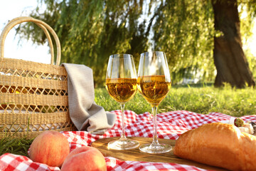 Picnic blanket with delicious food and wine in park on sunny day