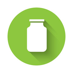 White Glass jar with screw-cap icon isolated with long shadow. Green circle button. Vector.