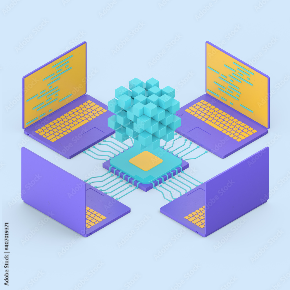 Fototapete big data isometric 3d concept. isometric digital technology web banner. big data machine learning al