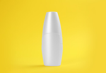 Bottle with insect repellent spray on yellow background