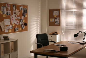 Detective workplace and evidence board in modern office