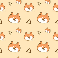 Seamless Pattern with Cartoon Shiba Inu Face Design on Yellow Background