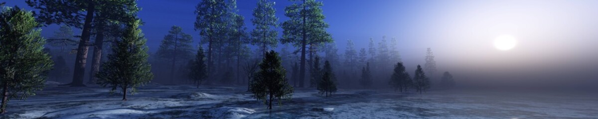 Forest over ice, River in the morning in fog, lake in haze, forest over frozen water in the sun, trees in fog over ice