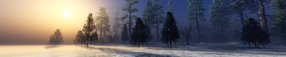 Forest over ice, River in the morning in fog, lake in haze, forest over frozen water in the sun, trees in fog over ice