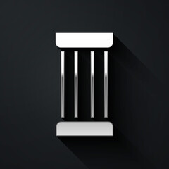 Silver Ancient column icon isolated on black background. Long shadow style. Vector.